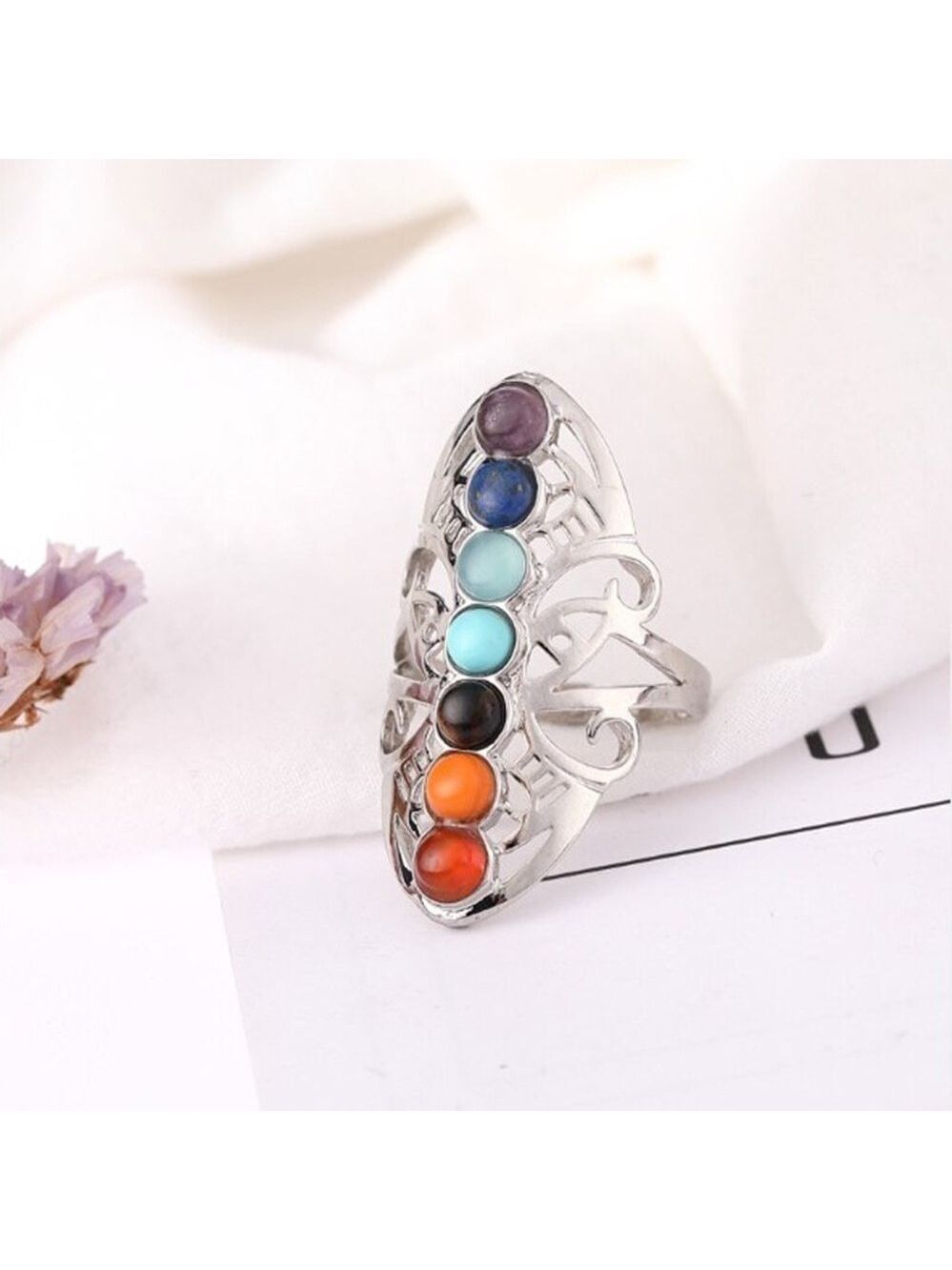 New Silver Chakra Gemstone Ring Adjustable - Picture 4 of 16